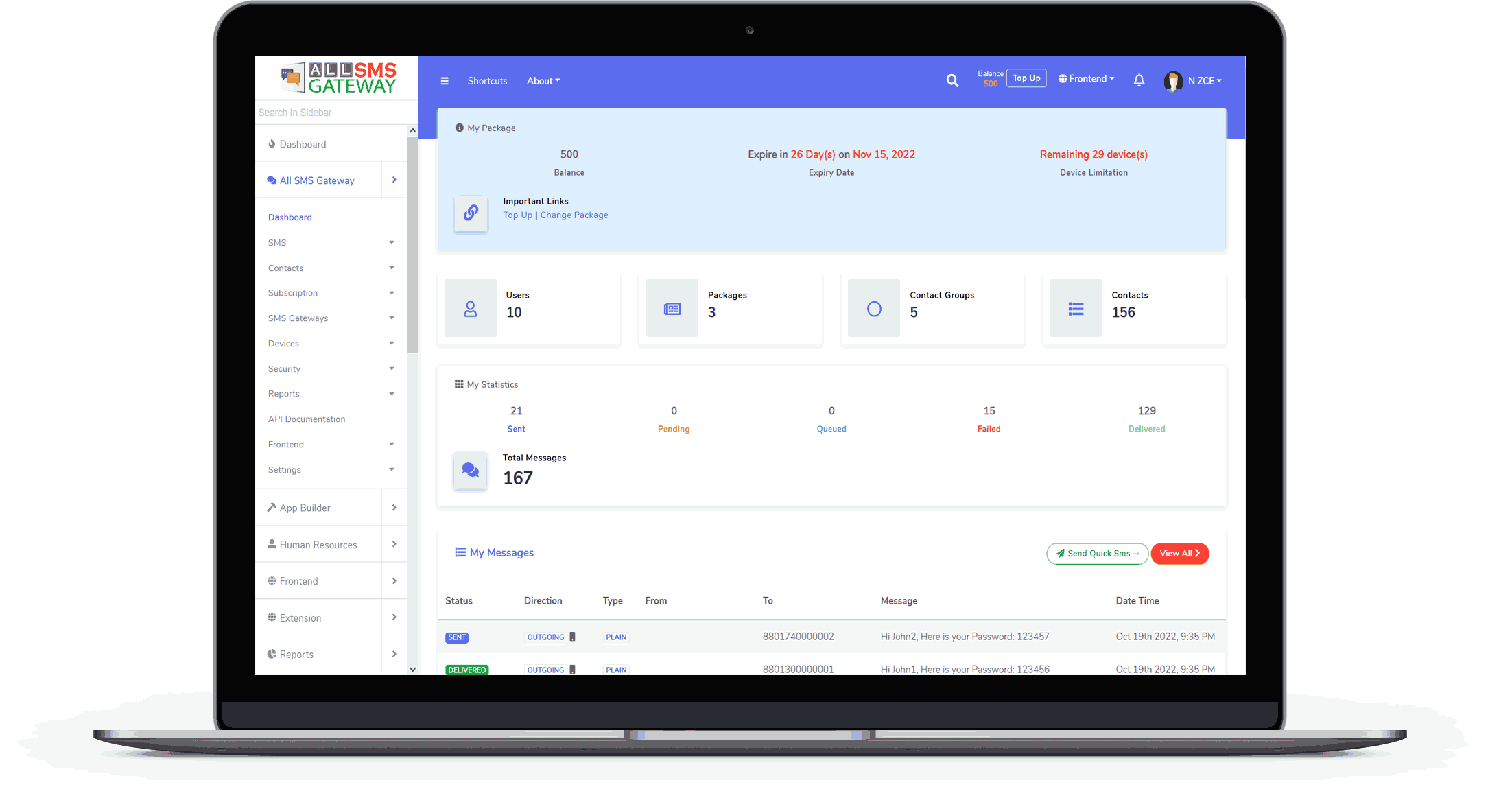 OMNI SMS dashboard